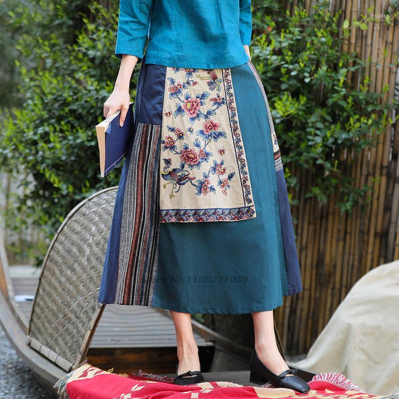 

Ethnic Clothing 2023 Traditional Chinese Vintage Skirts Retro Flower Embroidery Cotton Linen Patchwork Skirt Harajuku High Waist Casual