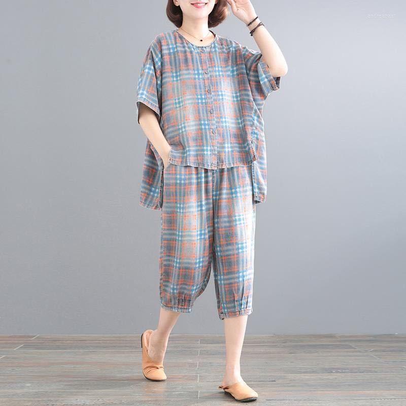 

Women's Blouses Summer Retro Casual Plaid Suits Women 2023 Korean Style Loose Blouse And Seven Points Trousers Slimming Two Piece Set, Plaid sets