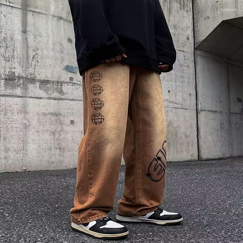 

Men' Pants 2023 Fashion Letter Graffiti Brown Hip Hop Men Baggy Jeans Y2K Clothes Straight Vintage Denim Trousers Pantalon Homme, Blue