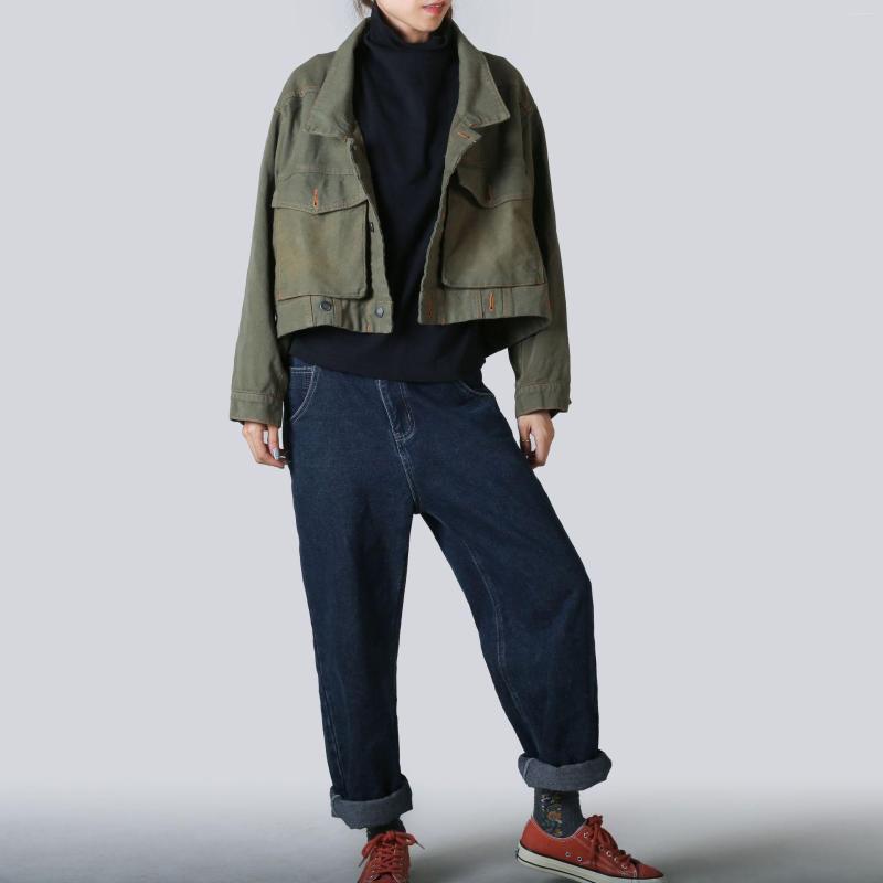 

Women's Jackets Short Denim Jacket Women Casual Vintage Long Sleeve Loose Jean Outwear Single Breasted Big Pocket Cowboy Cropped Work