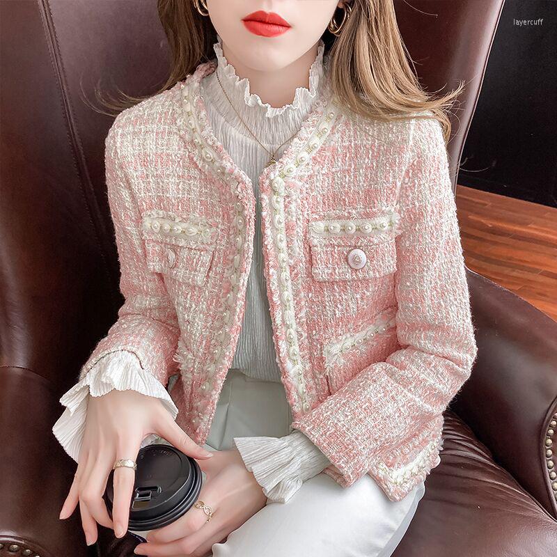 

Women' Jackets 2023 Fall Women' Winter Fashion Temperament Small Fragrance Round Neck Beaded Korean Runway Style Female Tweed Jacket, Pink
