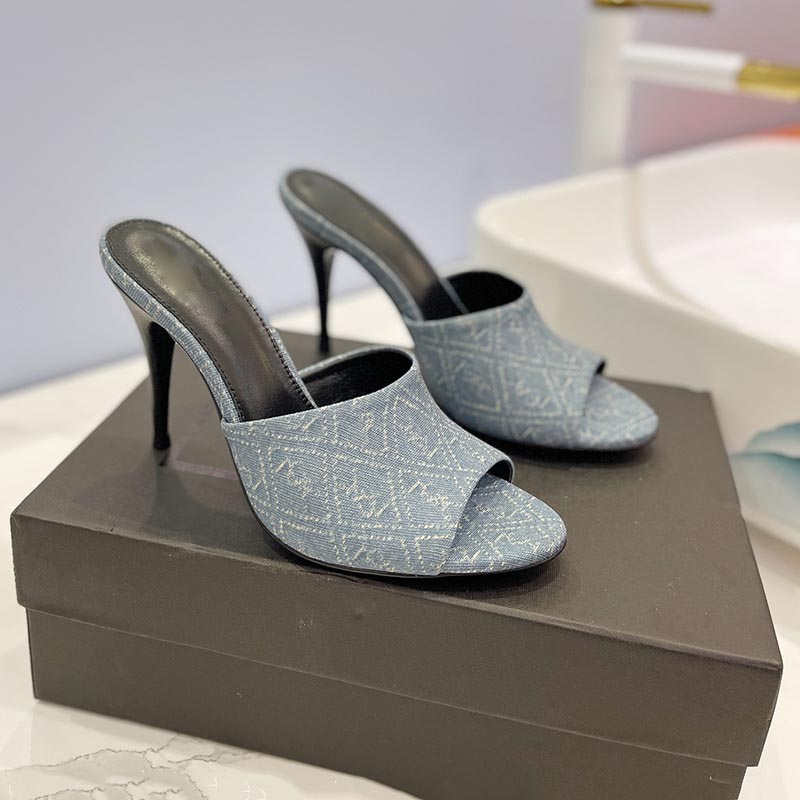 

Womens Slip-on Slippers Stiletto Heels 10cm Denim Braided Sandals Fish Mouth Dress Shoes For Party Wedding Shoe Classic Black Large Size With Dust Bag Beach Shoe