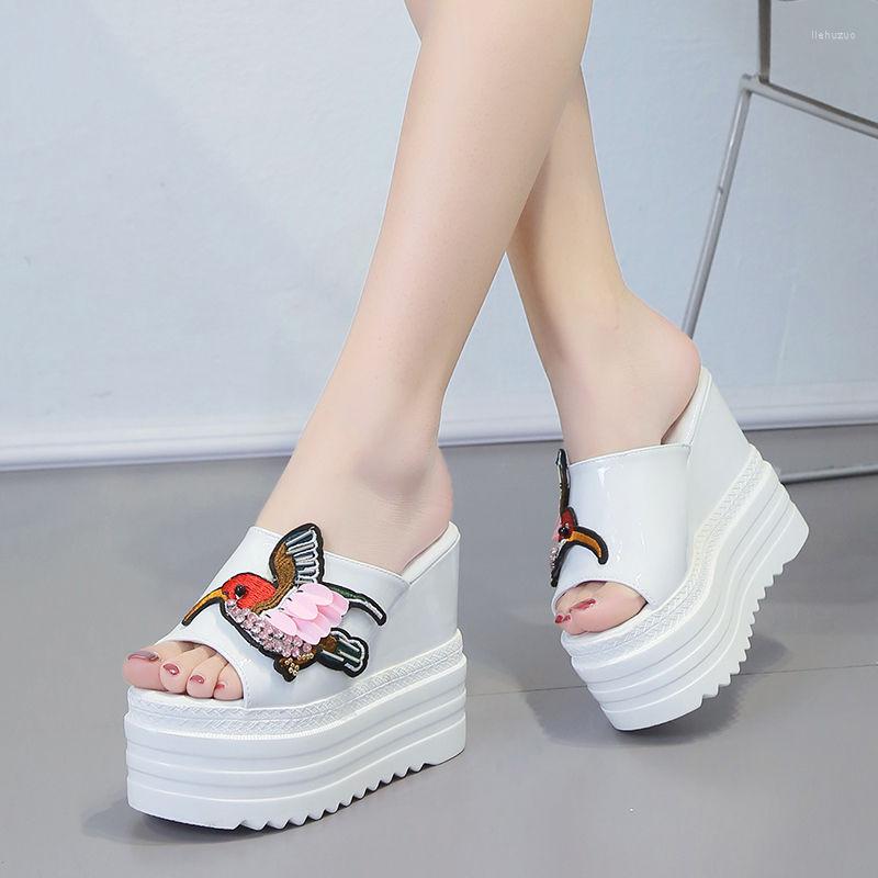 

Slippers Summer 12CM High Heel Slipper Female Thick-soled Water Platform Slope With Shoes Sexy Fish Mouth Cool Wedge Crystal, Black