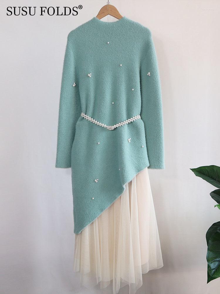 

Work Dresses SUSU Hairy Irregular Two Piece Sets Solid Pearls Long Sleeve Elegant Tops With Mesh Skirt Women Clothing Autumn 2023 SU-A102, Blue skirt sets