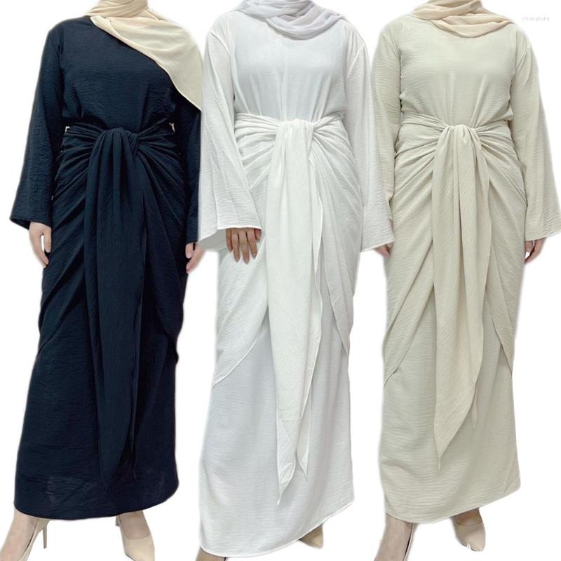 

Ethnic Clothing Abaya Wrap Front Dress Long Sleeve Muslim Hijab Solid Color Islamic Women Dubai Turkey Ramadan Elegant Wear