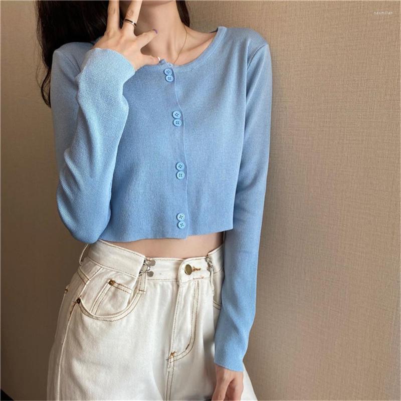 

Women's Knits 2023 Sping Summer Thin High Waist Cardigan Long Sleeve Knitted Sweater Women Button Up Korean Sunscreen Short Tops, Black