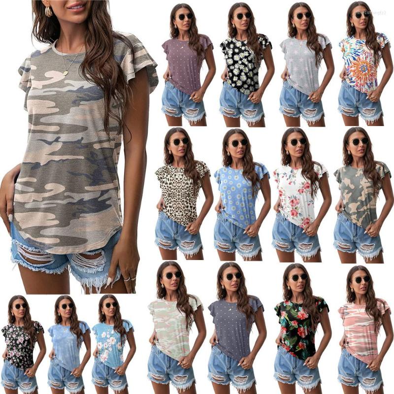 

Women's T Shirts 2023 Summer Women O-Neck Short Ruffle Sleeve Floral Print Loose T-shirt Tops LH-2222, 1 huangdiheibaowen