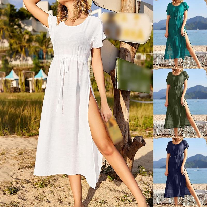 

Women's Swimwear Dress Loose Casual Sexy Split Sseaside Vacation Beach Bikini Smock Long Skirt Sunscreen Shirt Women Sleeve, Ag