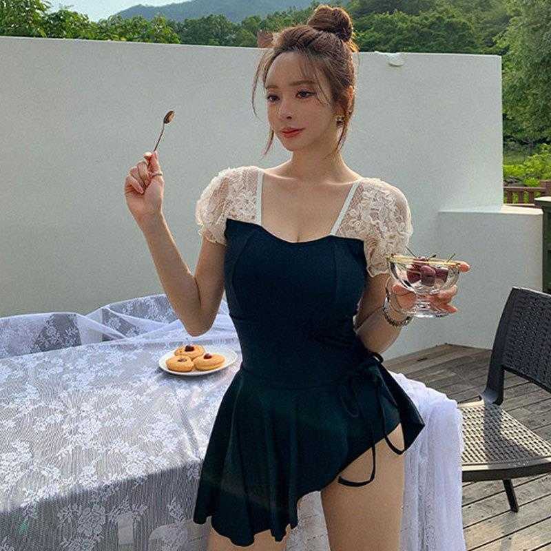 

Spring Bathing Suit Womens Siamese Swimwear Small Chest Gathered Conservative, Black