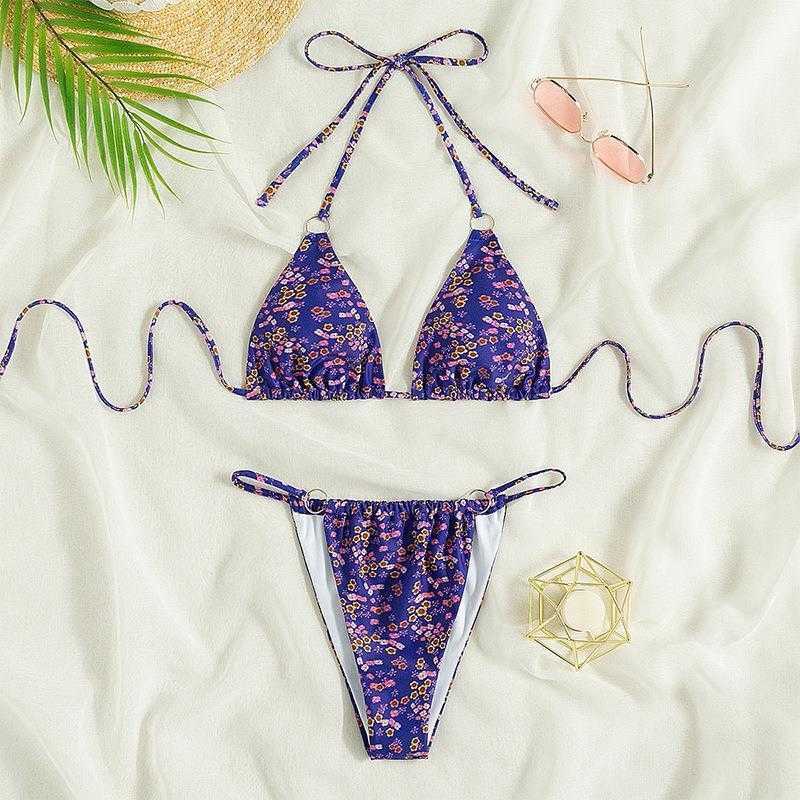 

Floral Tie Neck Halter Triangle Cup Bikini High Waist Three Point Spring Split, Picture color