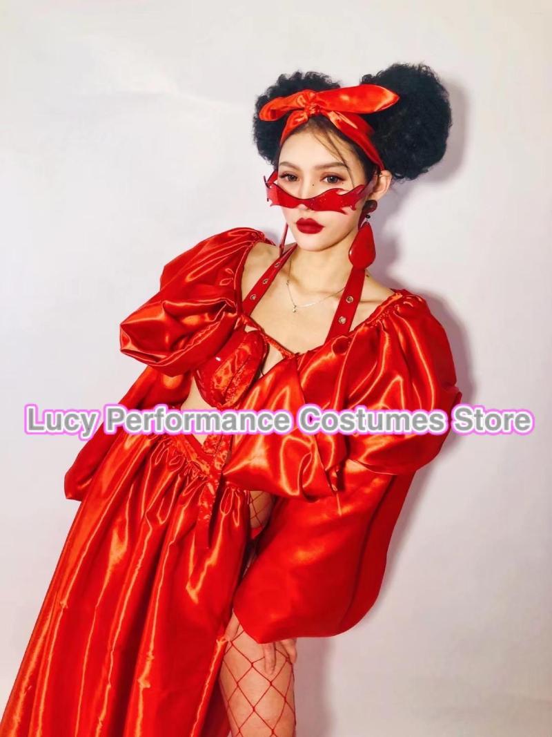 

Stage Wear Nightclub Bar Red Patent Leather Slit Skirt Bikini Suit Gogo Performance Clothes Female DJ Partygirl Cloth, Full set