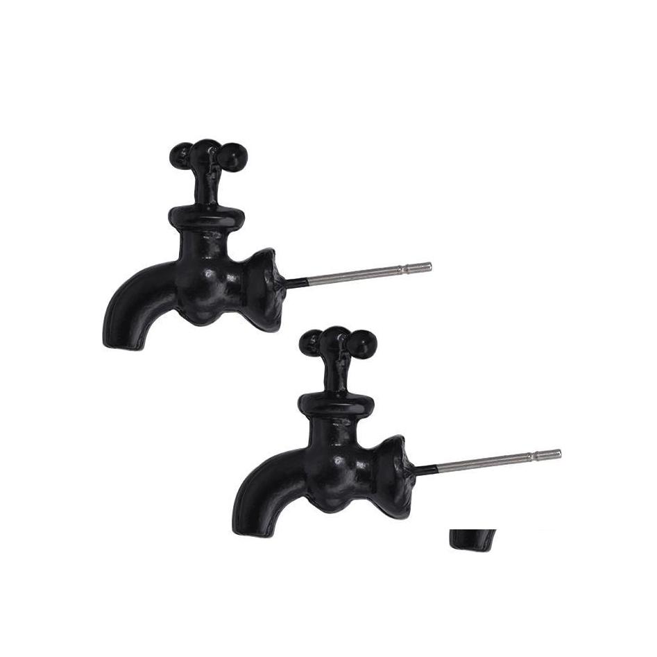 

Stud Faucet Earring Unique Funny Black Sier Color Enamel 3D Earrings For Cool Women Men Jewelry Threensional Drop Delivery Dhijh