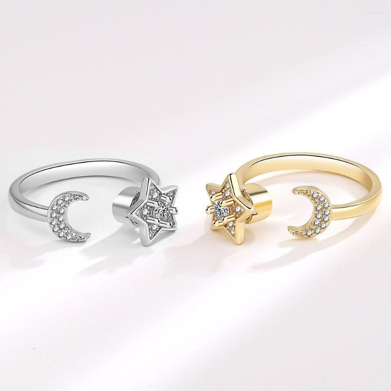 

Wedding Rings VENTFILLE Silver Color Rotate Star Moon Ring For Women Zircon Irregular Anxiety Calming Worry Jewelry Birthday Gift Drop