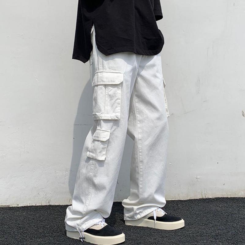 

Men's Pants Men Overalls Straight Leg Multiple Pockets Solid Color Drawstring Elastic Waist Work Casual Go Out, White