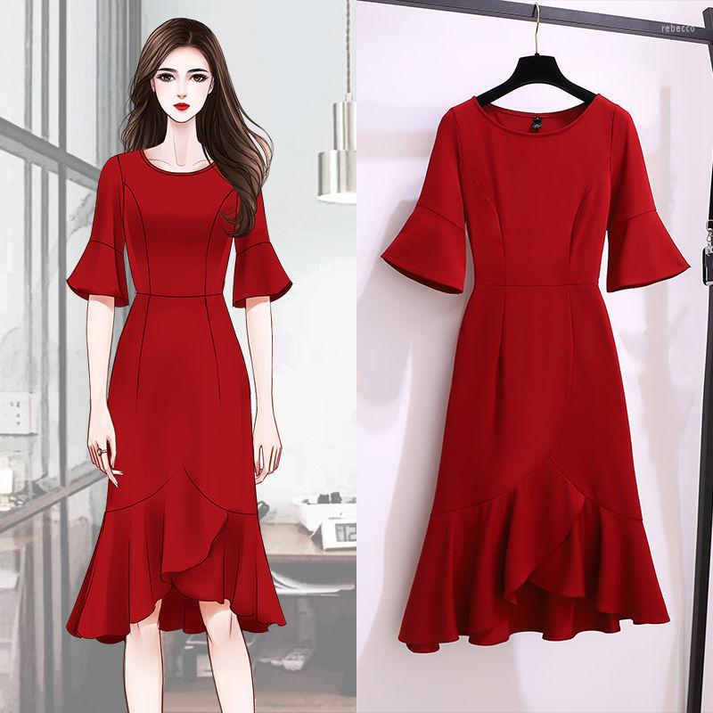 

Casual Dresses ELIJOIN Simple Solid Color Dress Female 2023 Summer Korean Version Of The Fat Sister Slim Temperament Long Fishtail Skirt., Black