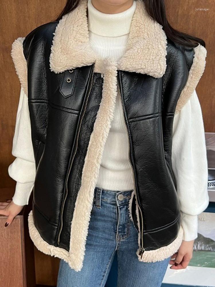 

Women's Leather Spring Autumn Women PU Lamb Wool Patchwork Jacket Casual Lady Thick Warm Vest Coat, Beige