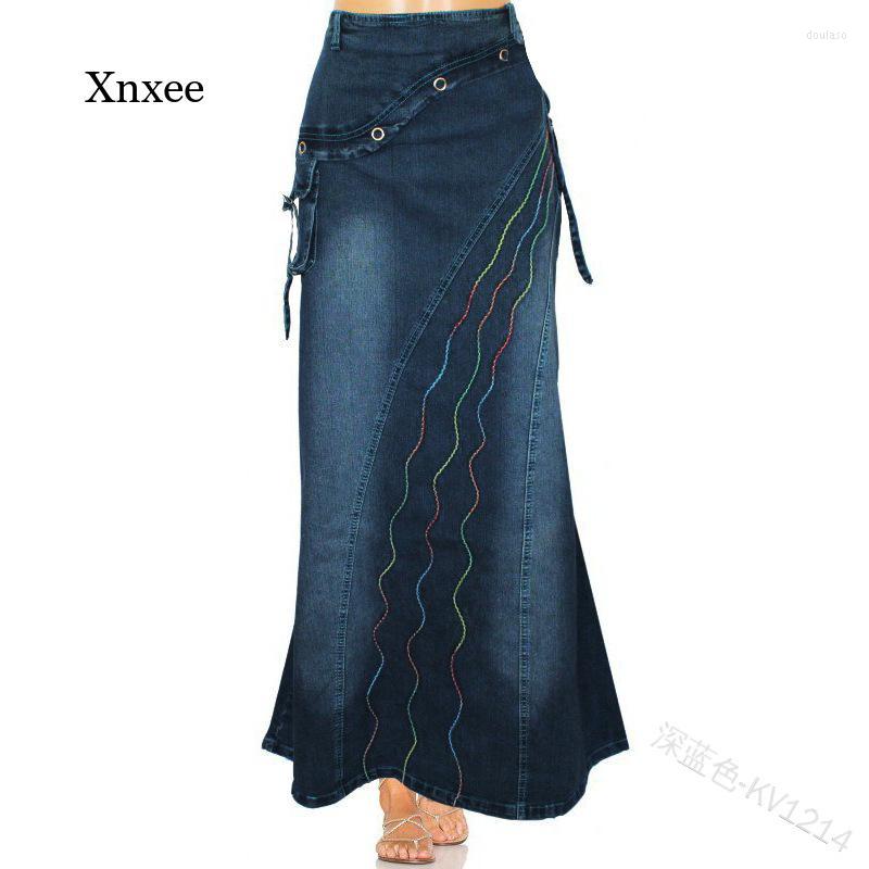 

Skirts Women' Jeans 2023 Summer Retro Skirt Plus Literary Style Stitching Retractable Fishtail High Waist Denim, Black