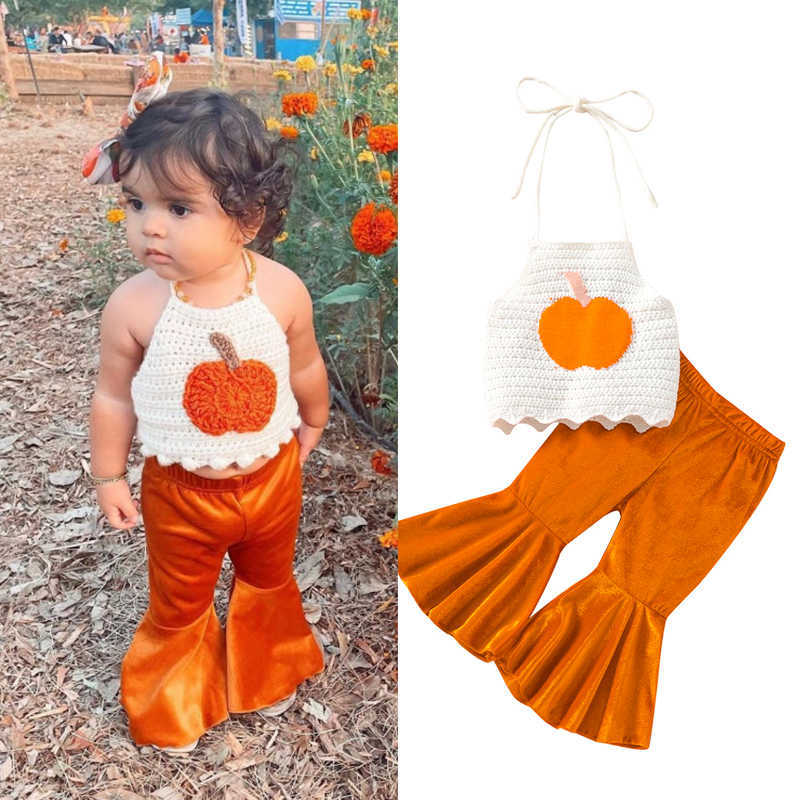 

Clothing Sets Cute Toddler Baby Girls Outfits Suit Knitted Pumpkin Halter Sleeveless Tank TopsSolid Velvet Flared Pants PCS Clothes Set, Orange