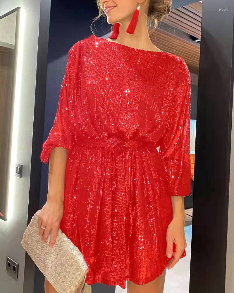 

Casual Dresses Sequins Women Long Sleeve Belt Mini Party Dress Loose O-neck Ladies Solid Bling Fashion Vestidos 2023 Year Formal, Black