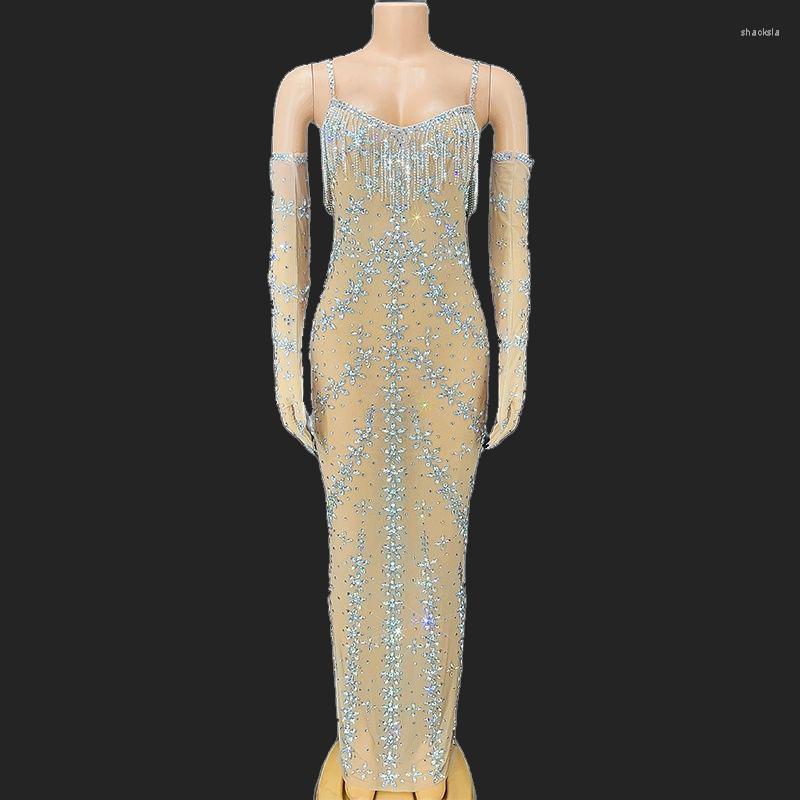 

Stage Wear Sexy Sparkly Crystal Rhinestones Mesh Transparent Dress Gloves Set Celebrate Wedding Evening Prom Gown Birthday, Glove