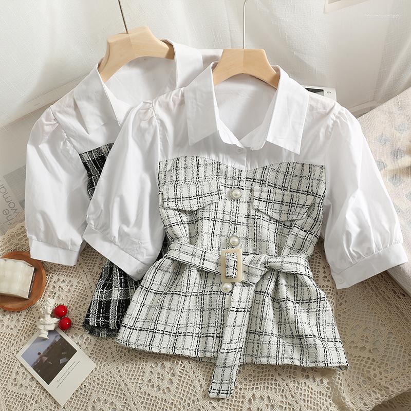 

Women's Blouses Women Summer Blouse French Stitching Tweed Short Tops Women's Plaid Lapel Short-Sleeved Bandage High-Waist Shirt, White tops