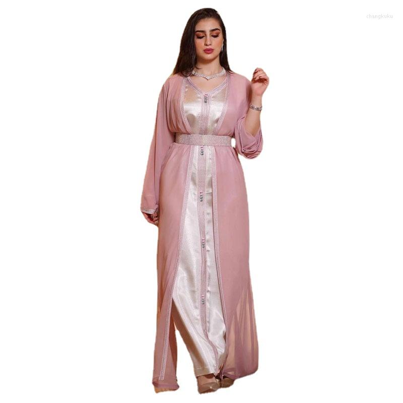 

Ethnic Clothing Diamond Belt Moroccan Takchita Party Kaftan Pink Chiffon Abaya Satin Inner Dress Muslim Emirati Stylish Ramadan Outfit