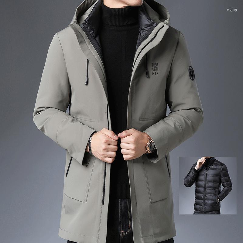 

Men's Down Casual Standing Collar Jacket One Coat Three Wear Detachable Liner Hooded Medium Length For Men, Black