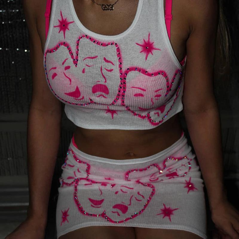 

Two Piece Dress Pieces Set Cartoon Character Face Print Sexy Skirt Suit Women Crop Top Sleeveless Club Drill SkirtTwo, Pink