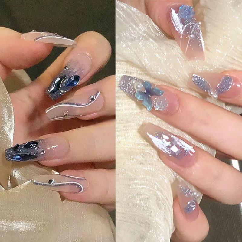 

False Nails 24pcs Press On DIY Purple Butterfly Fake French Long Ballerina Blue Shinning Crystal, Lk15155
