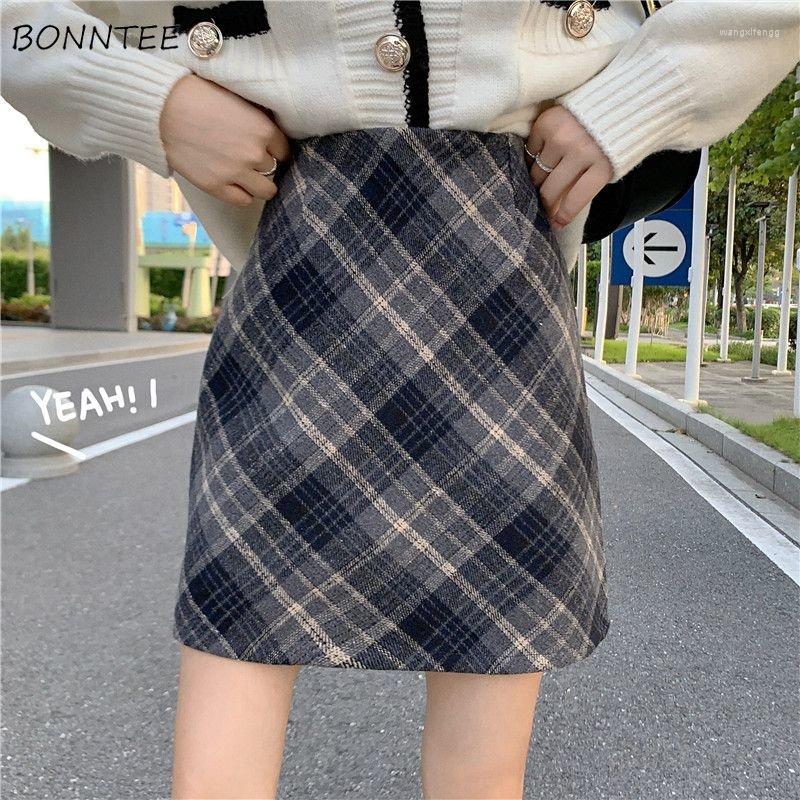 

Skirts Vintage Plaid Women Autumn Korean All-mach Mini Fashion Simple Clothing Jupe Femme Empire Harajuku Trendy Streetwear, Brown