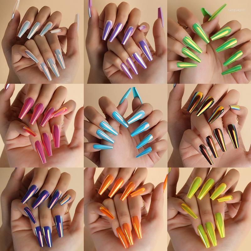 

False Nails PINPAI 24PCS Mirror Effect Long Coffin Press On Fake Kit With Adhesive Full Cover Artificial Nail Art Tips Set, Color 11