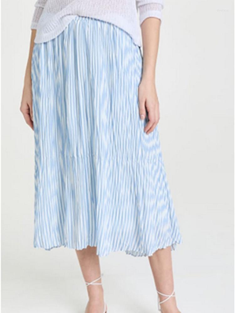 

Skirts Women Mid Calf Skirt Stripes Pleated Straight Elastic Waist Irregular Jupe Sweet Spring Summer 2023