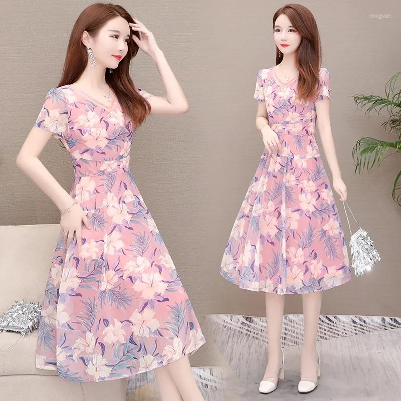 

Casual Dresses Printed Chiffon Dress Womens 2023 Summer Elegant Fashion Waist Korean Women Large Size V-neck Long A-line Skirt, Pink