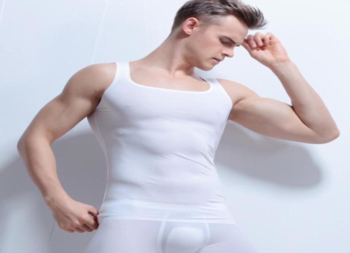 

Brand Sexy Mans Semi Transparent solid colors Tanks Tops Underwear Undershirt Black White ONeck Undershirt Tops for Man Size ML3517366260, Pink