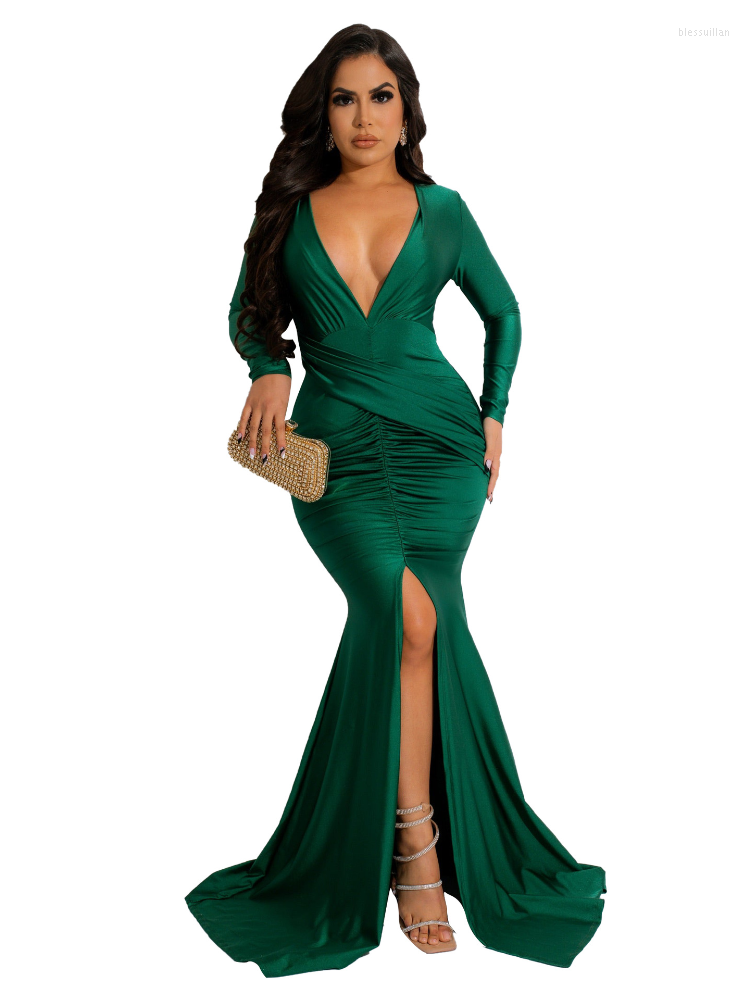

Casual Dresses Smooth Bight Color Pleated Floor Length Party Dress Elegant Women Sexy V Neck Long Sleeve Front Split Bodycon Maxi Evening, Black