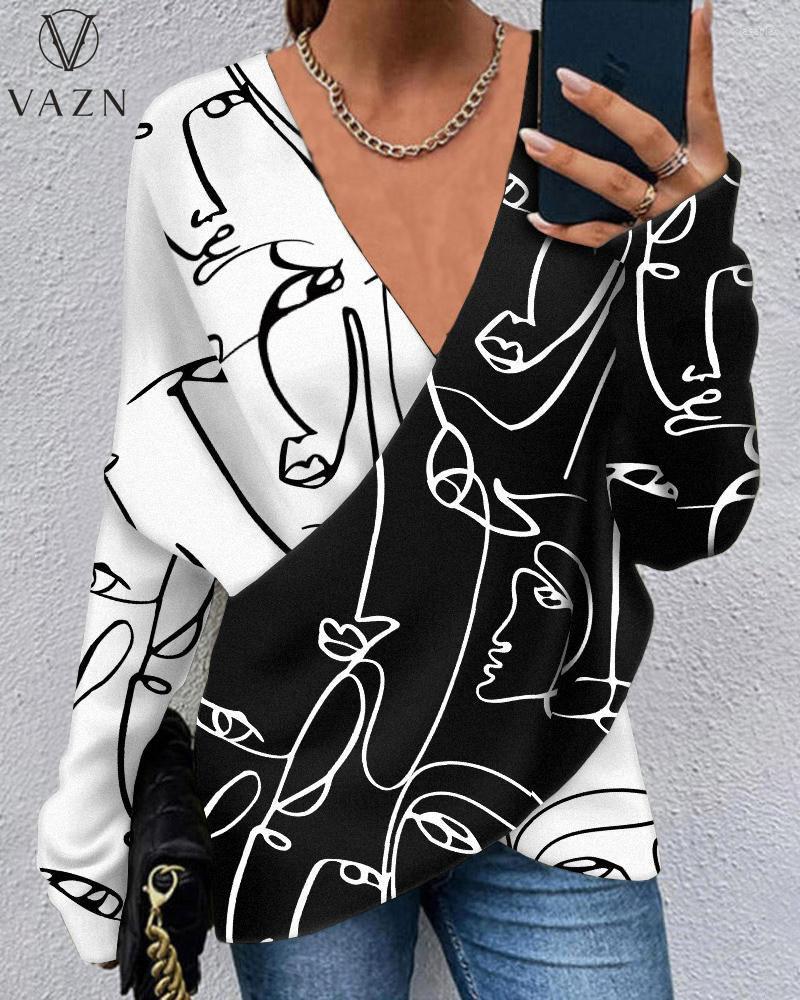 

Women' T Shirts 2023 Luxury Designer Young Sexy Office Lady Patchwork Free Nature Deep V-Neck Full Sleeve Women Slim Long Tees, Navy blue print