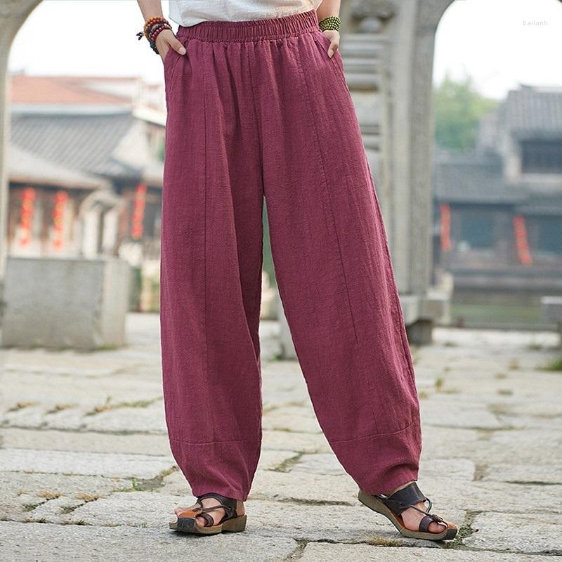

Ethnic Clothing Autumn Solid Color Pockets Loose Pants 2023 Women Vintage Elastic Waist Cotton Linen Wide Leg Full Length