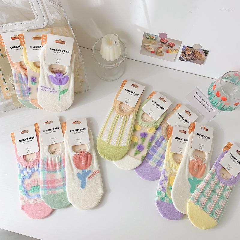 

Women Socks Spring Summer Romatic Tulip Floral Cartoon Lolita Kawaii Super Cute Lady Girls Transparent Crystal Sheer 2023