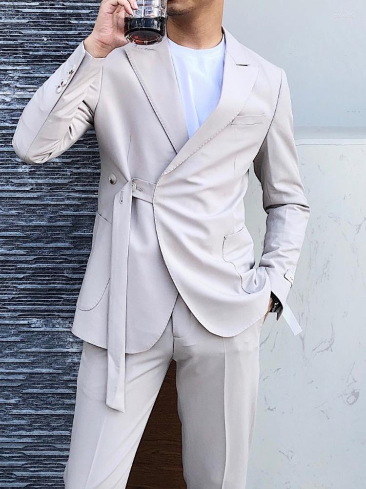 

Men's Suits Autumn Youth Casual Slim Fit Trend Two Piece Suit Men 2023 Solid Color Ribbon Decoration Male Set Temperament 2A5308, Apricot