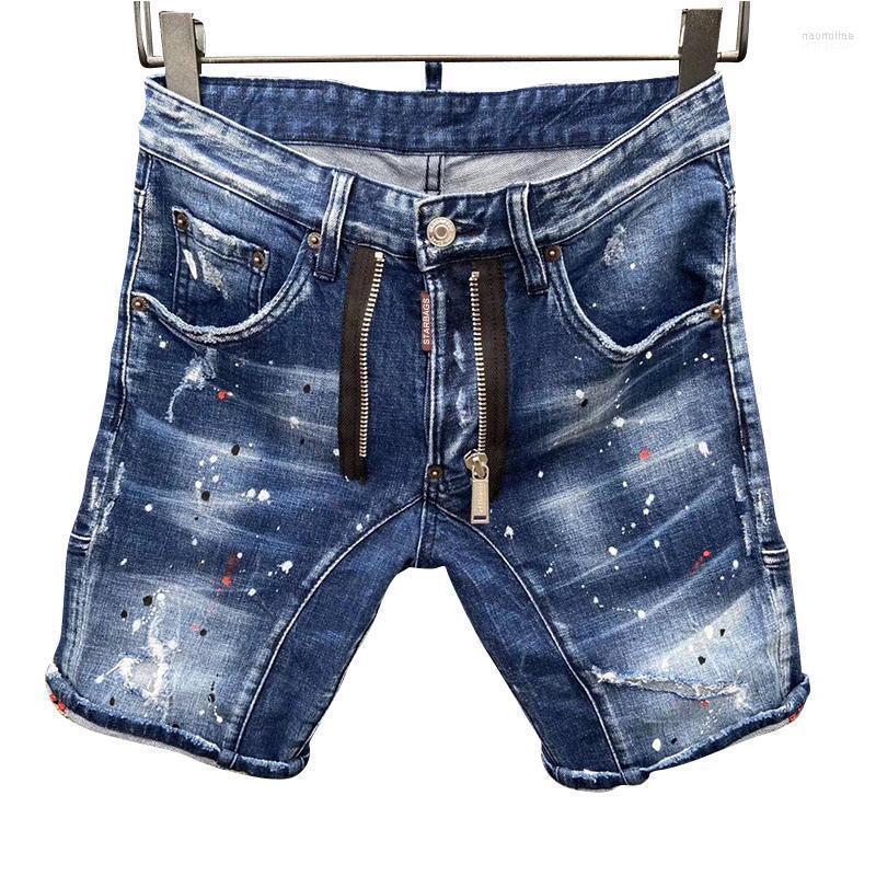

Men's Jeans Shorts Italian Design Light Wash Patch Paint Spot Hip Hop Slim Fit Elastic Business Pants Original Single High Naom22, Blue