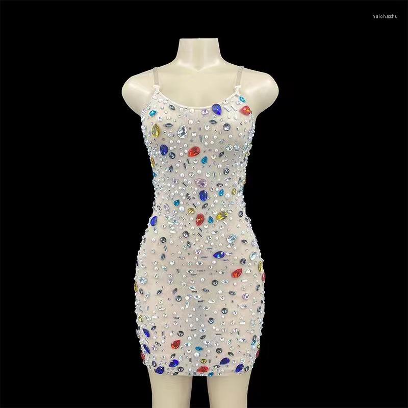 

Stage Wear Colorful Crystals Pearls Sexy Mesh Dress Prom Evening Transparent Multicolor Rhinestones Costume Birthday Suspender, Clear