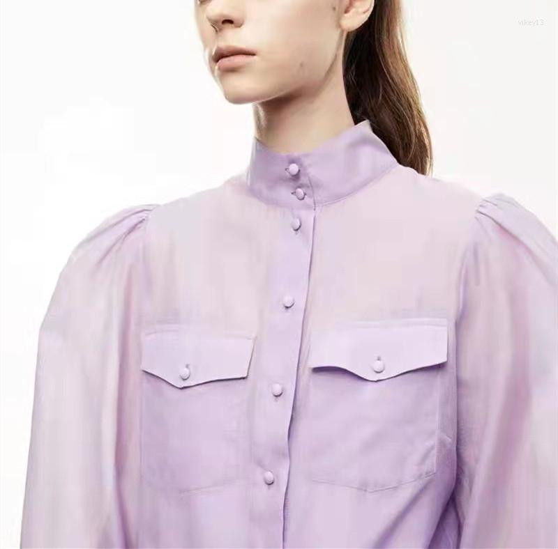 

Women' Blouses 2023 Early Spring Women Elegant Purple Shirt Lantern Sleeved Ladies Single-Breasted Blouse Half-High Collar Office Top