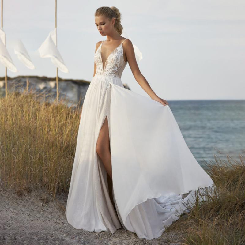 

Wedding Dress Other Dresses Beach A-Line Chiffon Deep V-Neck Spaghetti Straps Lace Appliques Sweep Train Bride Gowns Backless 2023Other, Photo color