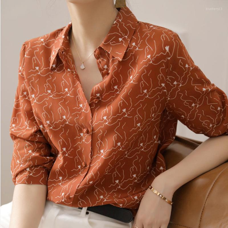 

Women' Blouses Long Sleeve Blouse Women Spring Autumn 2023 Fashion Ladies Loose Chiffon Shirts POLO Collar Printed Top Female Button, Orange