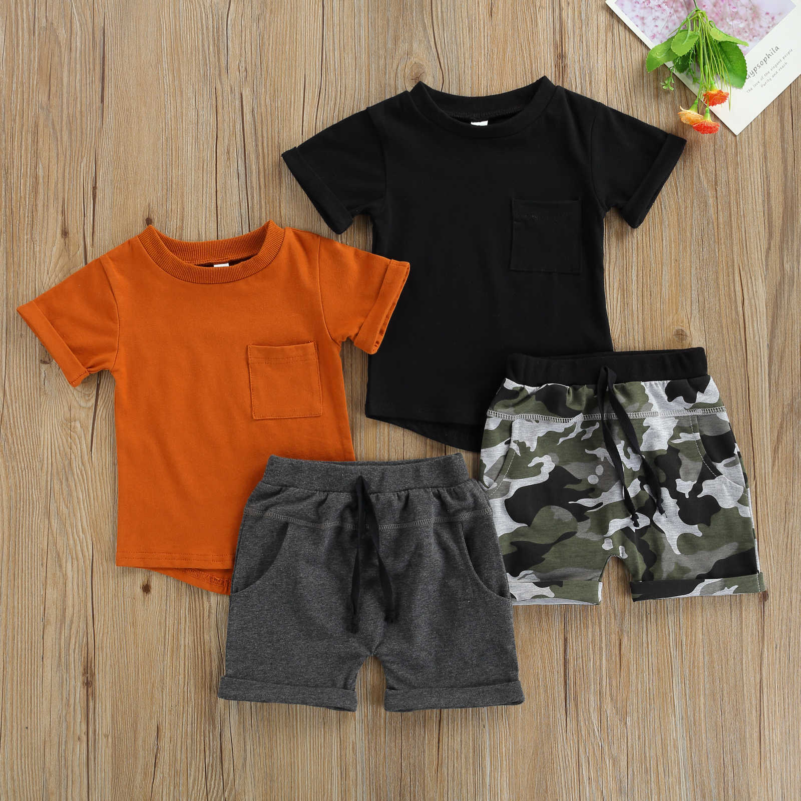 

Clothing Sets Pcs Summer Casual Little Boys Outfits Suit Toddlers Round Collar Short Sleeve Pocket TopCamouflage Printing Shorts Clothes Set, Black