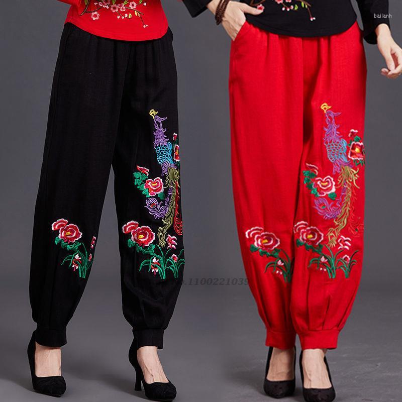 

Ethnic Clothing 2023 Chinese Vintage Cotton Linen Trousers Women National Flower Embroidery Harajuku Harem Pants Casual Loose Retro