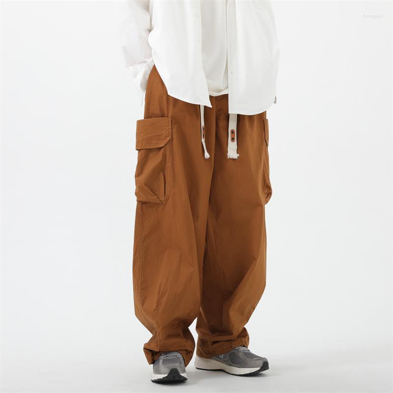 

Men's Pants Mens Casual Vintage Cargo Autumn Big Pocket Oversized Straight Neutral Drawstring Work Trousers Joggers Male 2XL, Brown