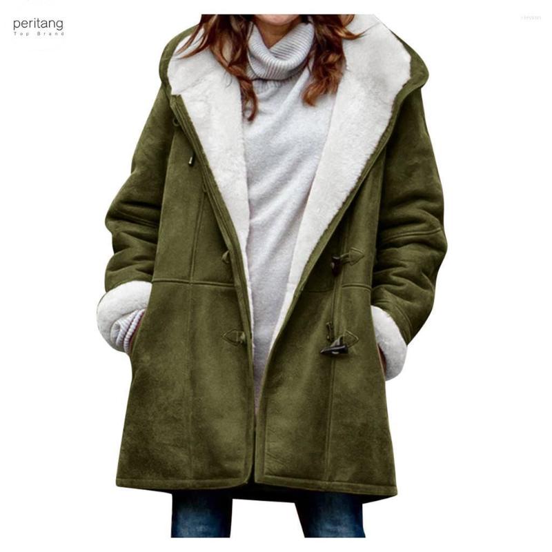 

Women's Trench Coats Women Winter Solid Coat Velvet Long Sleeve Horn Buckle Pocket Overcoat Hooded Warm Ropa Mujer Invierno, Army green