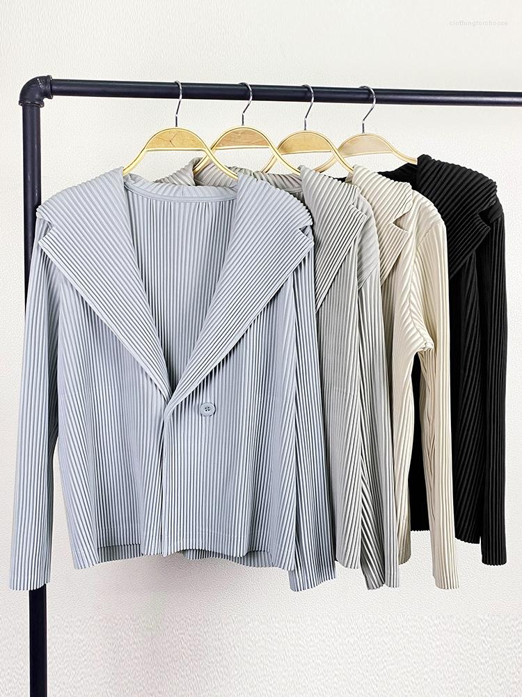 

Women's Suits Miyake Pleated Notched Blazer Double Breasted Jackets Women Korean Fashion 2023 Spring Autumn Ladies Luxury Designer Clothes, Black