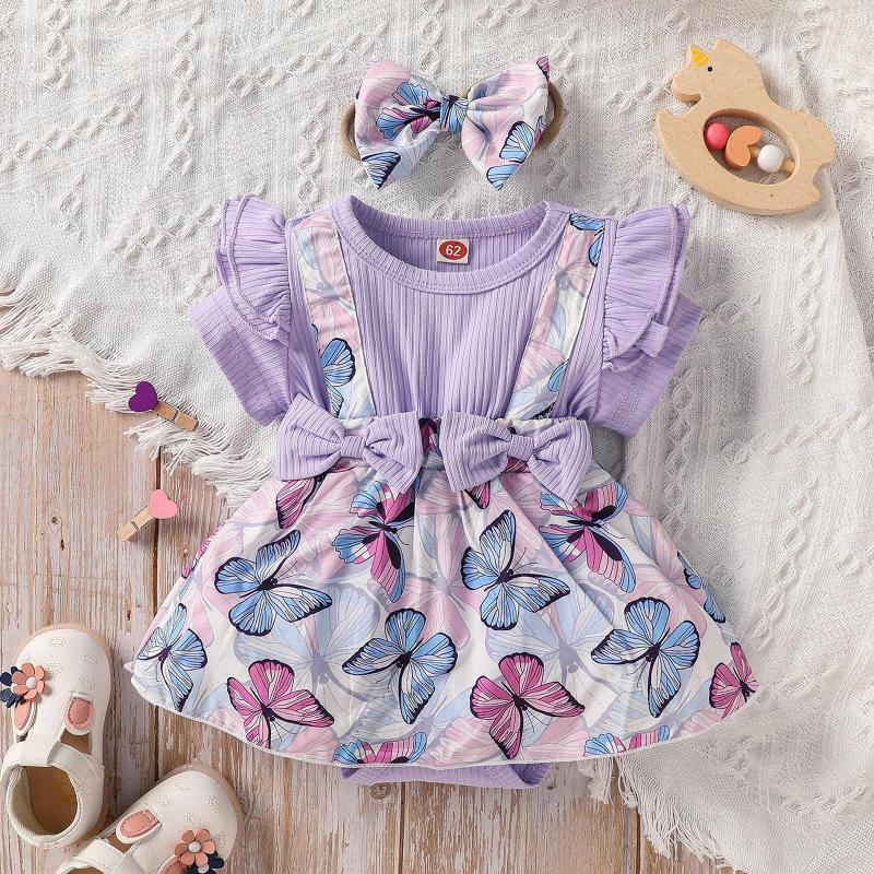 

Girl Dresses Summer Born Infant Baby Girls Clothes Ruffles Knit Butterfly Printed Short Sleeve Princess Beach Dress Headbands Custome#g3, Purple